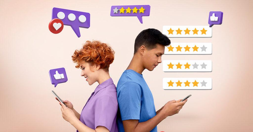 man and woman leaving reviews and testimonials on their mobile phones